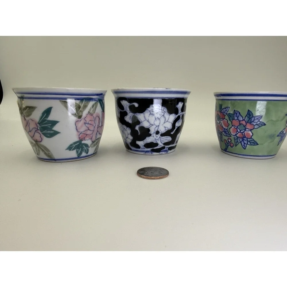 Vintage Trio‎ of Mini Chinoiserie Porcelain Planter Floral 3